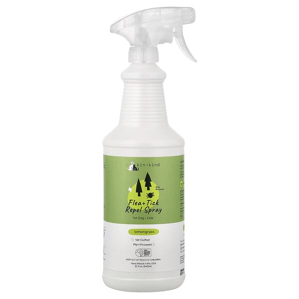 Kin+Kind, Flea + Tick Repel Spray, For Dogs + Cats, Lemongrass, 32 fl oz (946 ml)