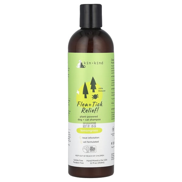 Kin+Kind, Flea + Tick Relief!, Plant-Powered Dog + Cat Shampoo, Lemongrass, 12 fl oz (354 ml)