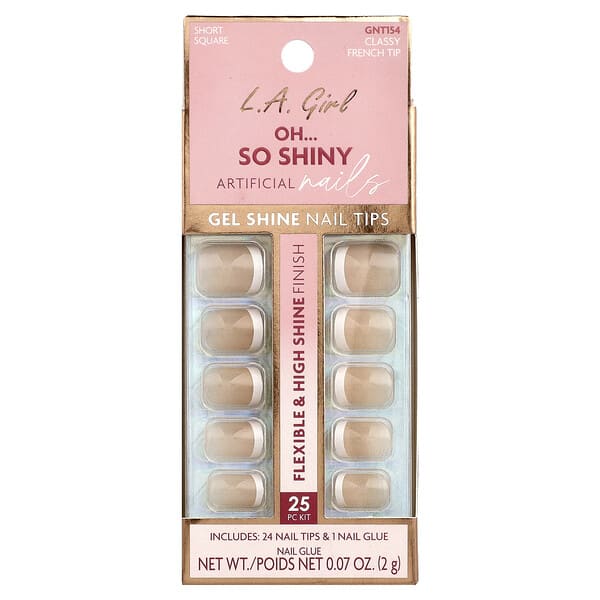 L.A. Girl, Oh So Shiny Artificial Nails, Gel Shine Nail Tips, GNT154 Classy French Tip, 25 Piece Kit
