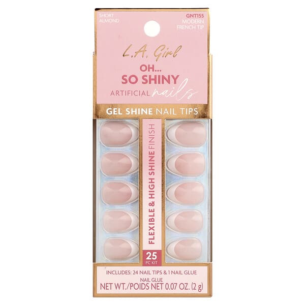 L.A. Girl, Oh So Shiny Artificial Nails, Gel Shine Nail Tips, GNT155 Modern French Tip, 25 Piece Kit