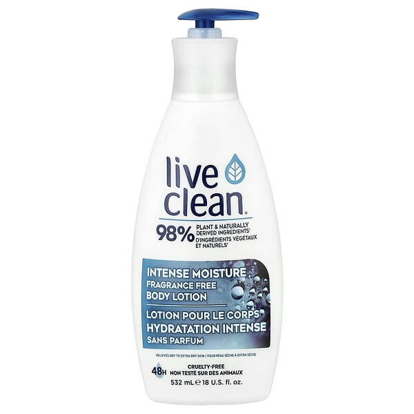 Live Clean, Intense Moisture Body Lotion, Fragrance Free, 18 fl oz (532 ml)