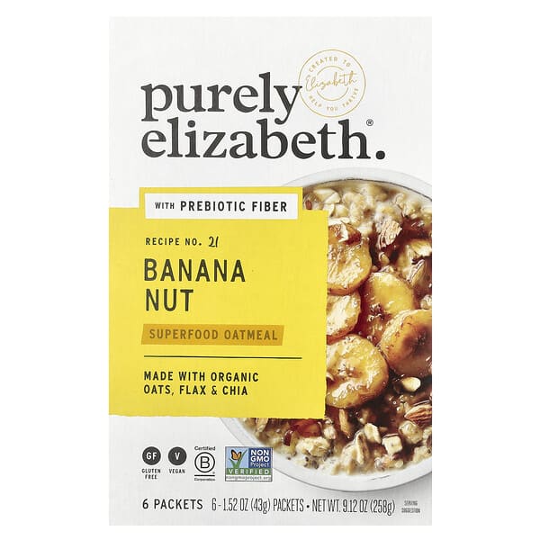 Purely Elizabeth, Superfood Oatmeal With Prebiotic Fiber, Banana Nut, 6 багц, 1.52 oz (43 g) Each