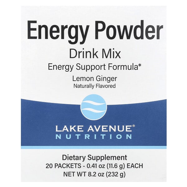 Lake Avenue Nutrition, Energy Powder Drink Mix with Potassium, Sodium, Caffeine, ба Витамин C, Lemon Ginger, 20 Packets, 0.41 oz (11.6 g) Each