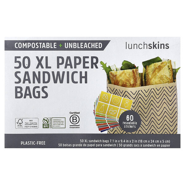 Lunchskins, XL Paper Sandwich Bags With Resealable Stickers, 50 ширхэг