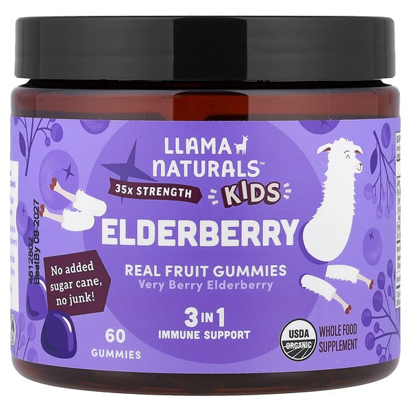 Llama Naturals, Хүүхдийн Бузны жимс, Real Fruit Gummies, Very Berry Elderberry, 60 чихэр