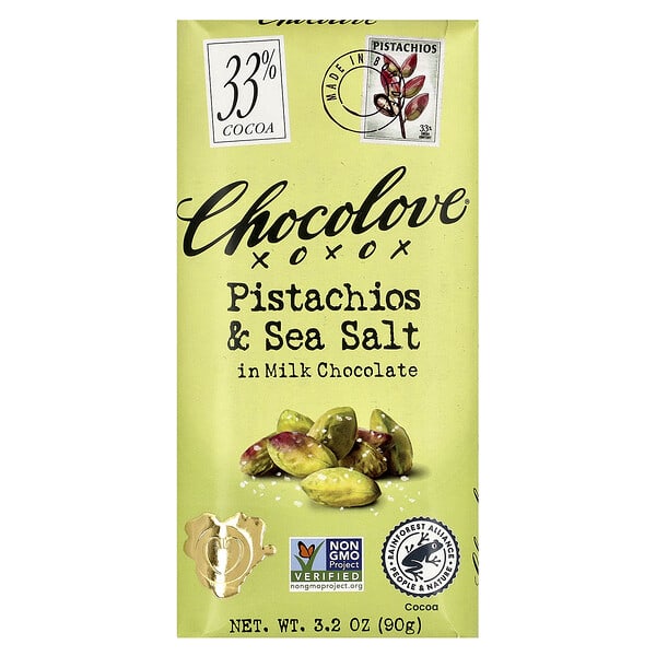 Chocolove, Pistachios & Sea Salt in Milk Chocolate, 33% Cocoa, 3.2 oz (90 g)