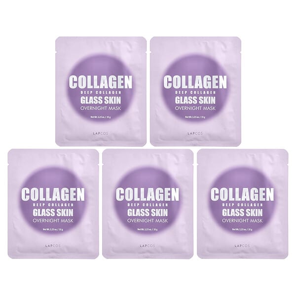 Lapcos, Deep Collagen Glass Skin Overnight Beauty Mask, 4 Sheets, 1.23 oz (35 g) Each