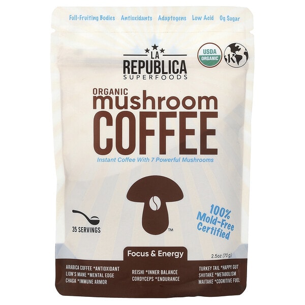 La Republica, органик Mushroom Coffee, Instant Coffee With 7 Mushrooms, 2.5 oz (70 g)