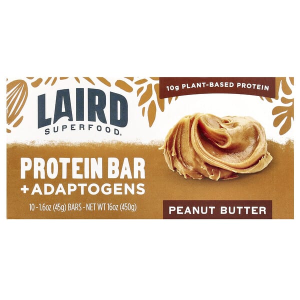 Laird Superfood, Protein Bar + Adaptogens, Peanut Butter, 10 Bars, 1.6 oz (45 g) Each (Discontinued Item)