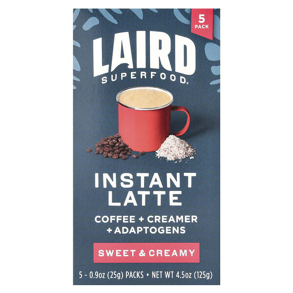 Laird Superfood, Instant Latte, Sweet & Creamy, 5 Packs, 0.9 oz (25 g) Each