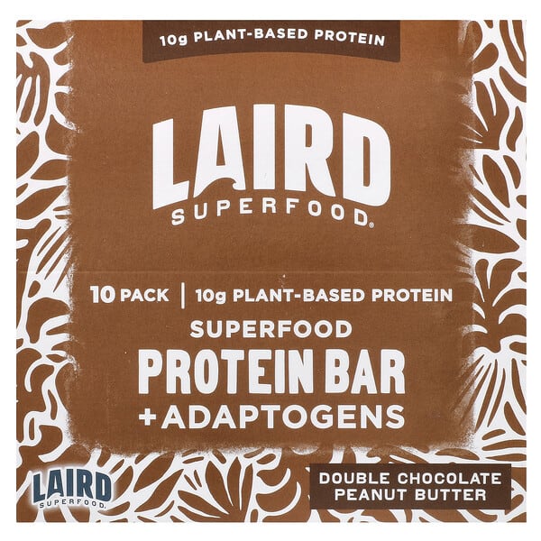 Laird Superfood, Superfood Protein Bar + Adaptogens, Double Chocolate Peanut Butter, 10 Bars, 1.6 oz (45 g) Each