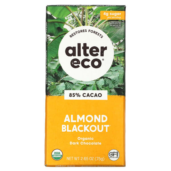 Alter Eco, Organic Dark Chocolate Bar, Almond Blackout, 85% Cacao, 2.65 oz (75 g)