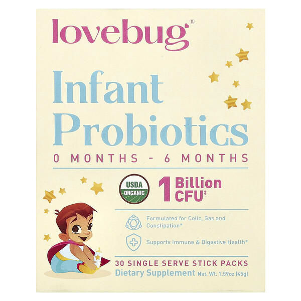 LoveBug Probiotics, Infant Probiotics, 0-6 Months, 1 тэрбум CFU, 30 Single Serve Stick Packs, 0.05 oz (1.5 g) Each