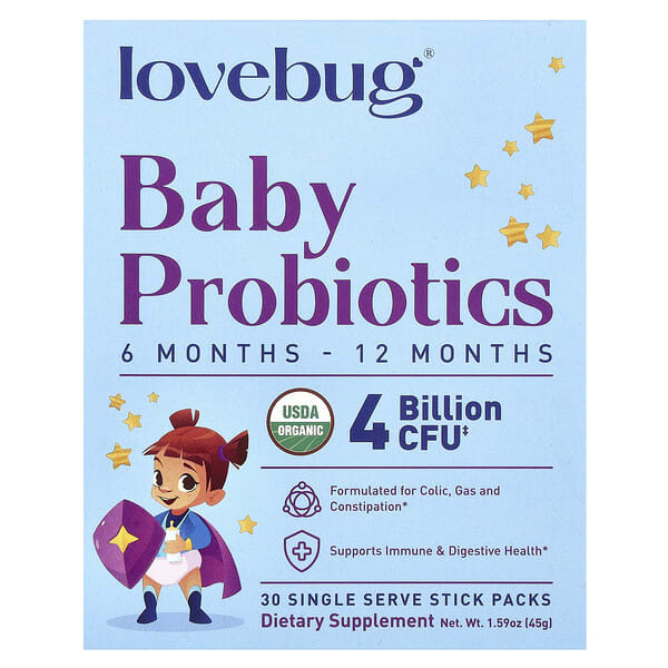 LoveBug Probiotics, Baby Probiotics, 6-12 Months, 4 тэрбум CFU, 30 Single Serve Stick Packs