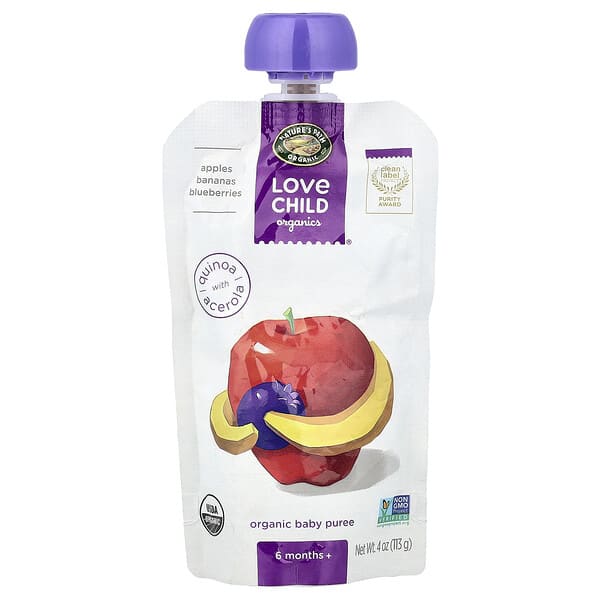 Love Child Organics, Nature's Path, Organic Baby Puree, 6 Months+, Apples, Bananas, Blueberries, 4 oz (113 g) (Discontinued Item)