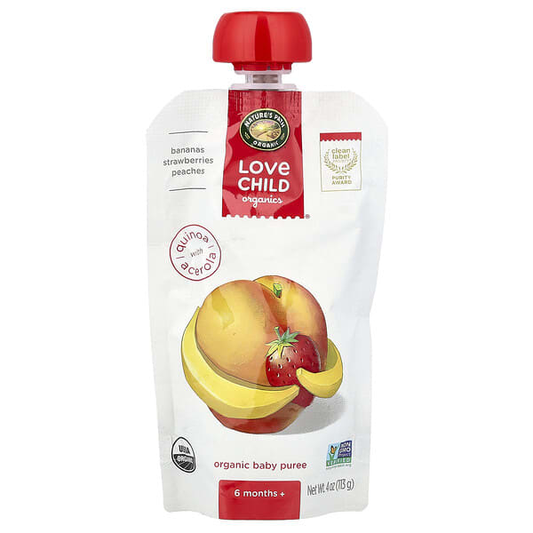 Love Child Organics, Nature's Path, Organic Baby Puree, 6 Months+, Bananas, Strawberries, Peaches, 4 oz (113 g) (Discontinued Item)