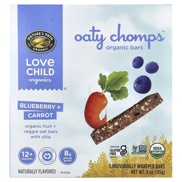Love Child Organics, Nature's Path, Oaty Chomps™ Organic Bars, 12+ Months, Blueberry + Carrot, 5 Individually Wrapped Bars, 0.8 oz (23 g) Each