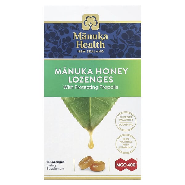 Manuka Health, Manuka Honey Lozenges, Propolis, MGO 400+, 15 сорох шахмал