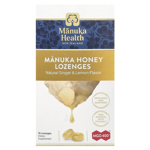Manuka Health, Manuka Honey Lozenges, Natural Ginger & Lemon, MGO 400+, 15 сорох шахмал