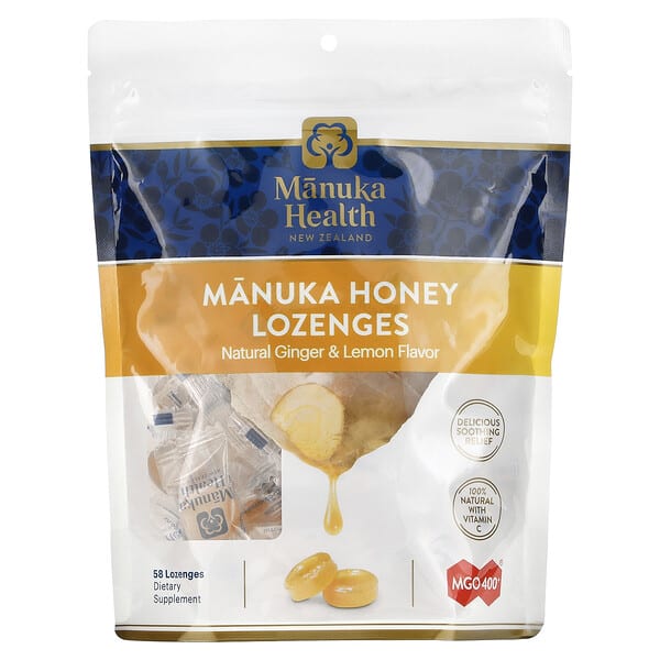 Manuka Health, Manuka Honey Lozenges, Natural Ginger & Lemon, MGO 400+, 58 сорох шахмал