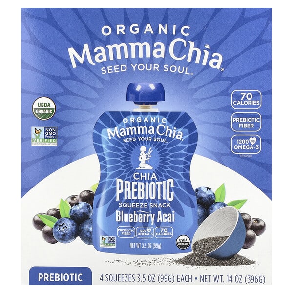 Mamma Chia, Organic Chia Prebiotic Squeeze Snack, нэрс Acai, 4 Squeezes, 3.5 oz (99 g) Each
