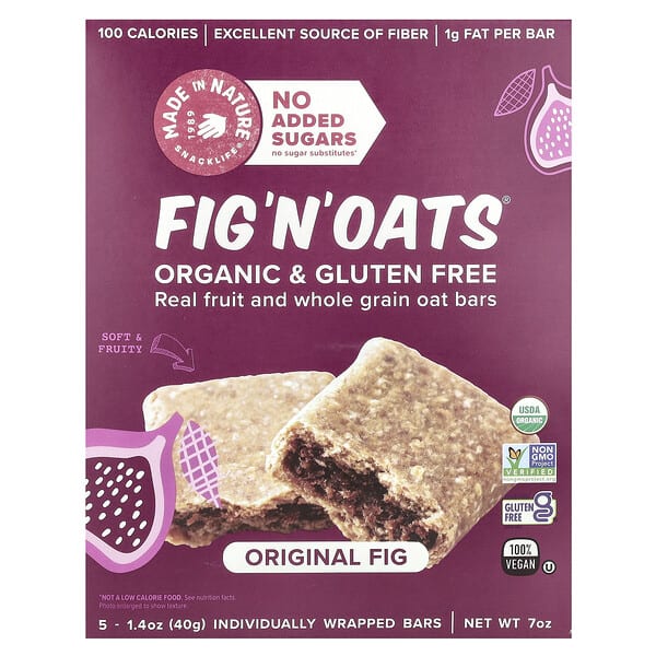 Made in Nature, Fig 'N' Oats®, Original Fig, 5 Individually Wrapped Bars, 1.4 oz (40 g) тус бүр