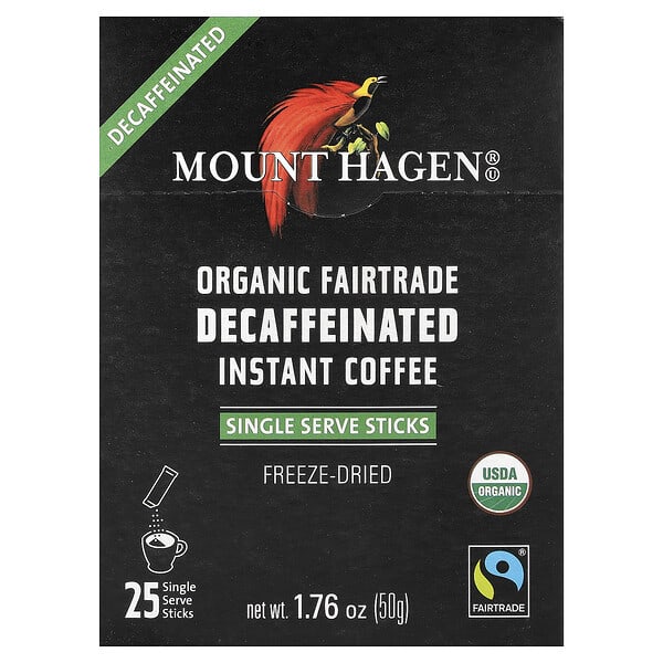 Mount Hagen, Organic Fairtrade Instant Coffee, Decaffeinated, 25 Single Serve Sticks, 1.76 oz (50 g)