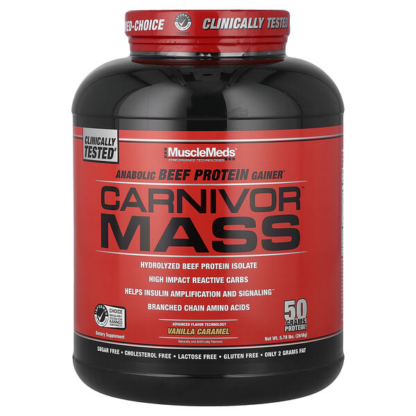 MuscleMeds, Carnivor™ Mass, Anabolic Beef Protein Gainer, Vanilla Caramel, 5.78 lbs (2, 618 g)