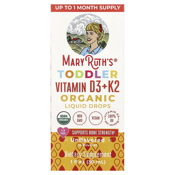 MaryRuth's, Organic Toddler Vitamin D3 + K2 Liquid Drops, 1-3 Years, амтгүй, 1 fl oz (30 ml)