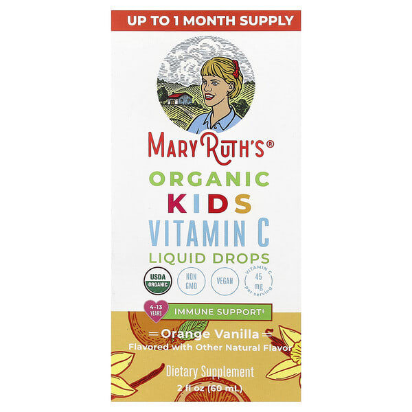 MaryRuth's, Organic Kids Vitamin C Liquid Drops, 4-13 Years, Orange Vanilla, 2 fl oz (60 ml)