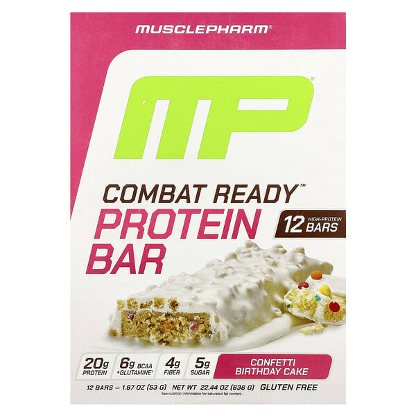 MusclePharm, Combat Ready™ Protein Bar, Confetti Birthday Cake, 12 Bars, 1.87 oz (53 g) Each
