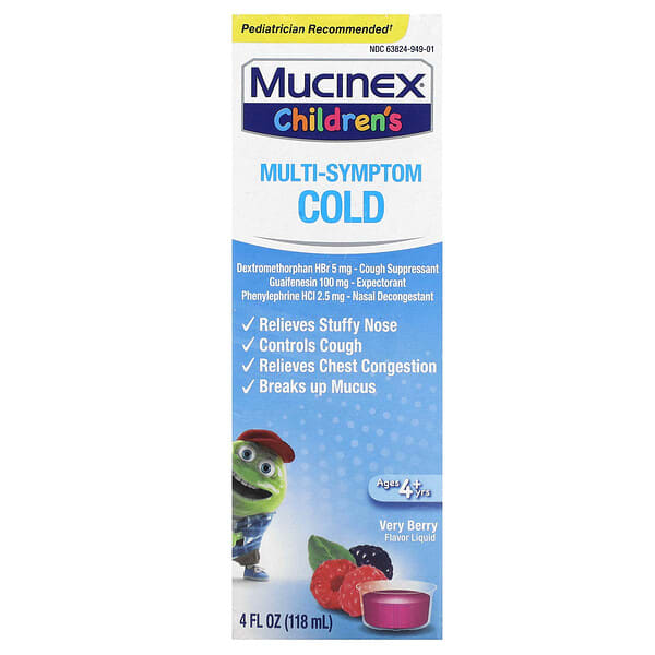 Mucinex, Хүүхдийн, Multi-Symptom Cold, Ages 4+ Yrs, Very Berry, 4 fl oz (118 ml)