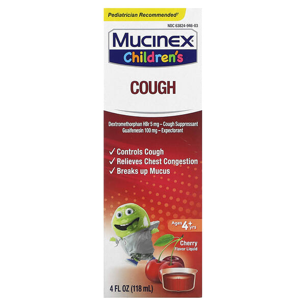 Mucinex, Хүүхдийн, Cough, Ages 4+ Yrs, Cherry, 4 fl oz (118 ml)
