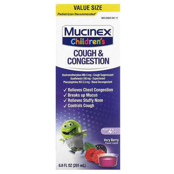 Mucinex, Хүүхдийн, Cough & Congestion, Ages 4+ Yrs, Very Berry, 6.8 fl oz (201 ml)