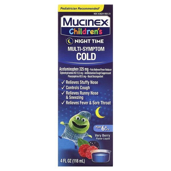 Mucinex, Хүүхдийн, Multi-Symptom Cold, Night Time, Ages 6+ Yrs, Very Berry, 4 fl oz (118 ml)