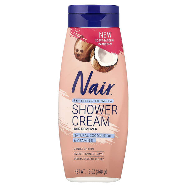 Nair, Shower Cream Hair Remover, Sensitive Formula, байгалийн кокосын тос & Витамин E, 12 oz (340 g)