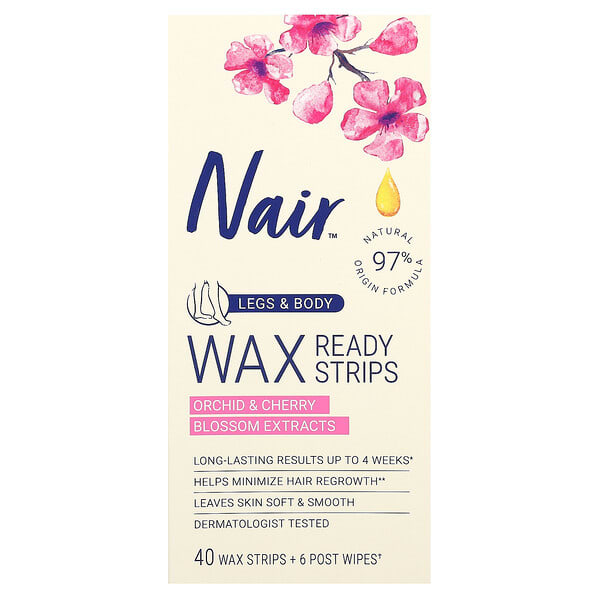 Nair, Wax Ready-Strips, For Legs & Body, Orchid & Cherry Blossom Extracts, 40 Wax Strips + 6 Post Wipes