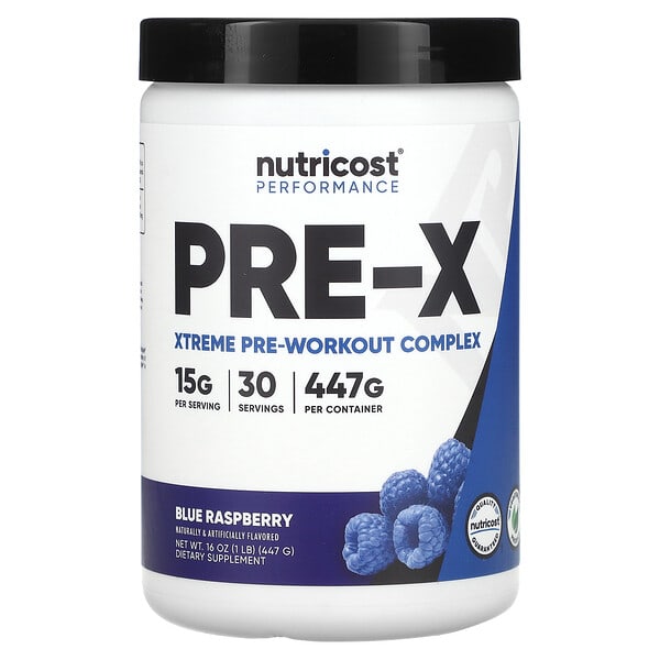 Nutricost, Performance, PRE-X, Xtreme Pre-Workout цогц, Blue бөөрөлзгөнө, 1 lb (447 g)