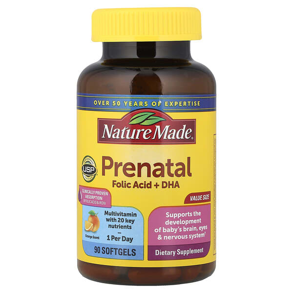 Nature Made, Жирэмсний Фолийн хүчил + DHA, Orange, 90 зөөлөн капсул