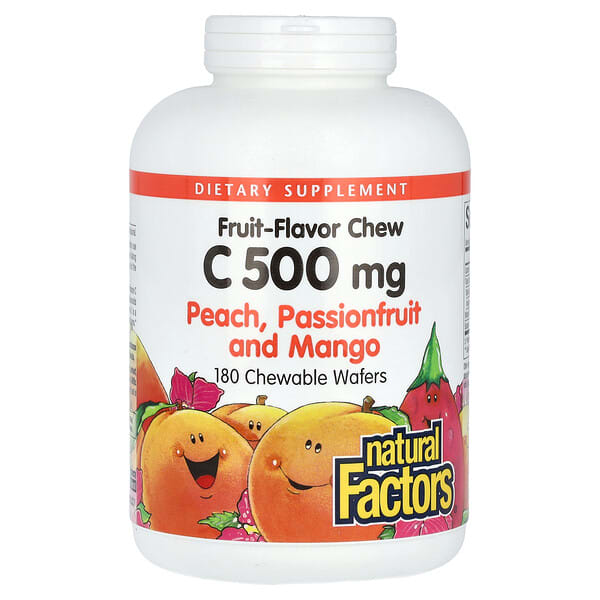 байгалийн Factors, Витамин C, жимс-Flavor Chew, Peach, Passionfruit ба Mango, 500 мг, 180 зажилдаг шахмал Wafers