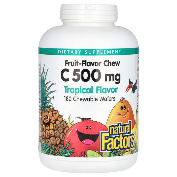 байгалийн Factors, Витамин C, жимс-Flavor Chew, Tropical, 500 мг, 180 зажилдаг шахмал Wafers