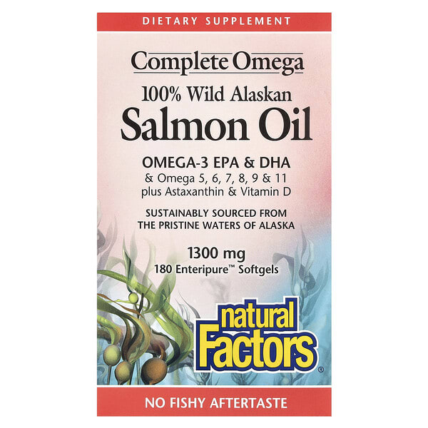 байгалийн Factors, Complete Omega, 100% Wild Alaskan Salmon Oil, 1,300 мг, 180 Enteriцэвэр зөөлөн капсул
