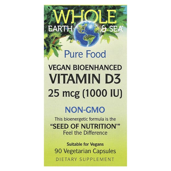 байгалийн Factors, бүтэн Earth & Sea, Vegan Bioenhanced Витамин D3, 25 мкг (1,000 IU), 90 ширхэг капсул