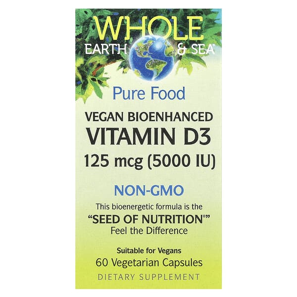 байгалийн Factors, бүтэн Earth & Sea®, Vegan Bioenhanced Витамин D3, 125 мкг (5,000 IU), 60 ширхэг капсул