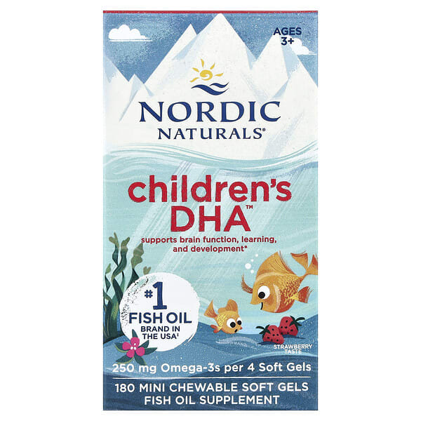 Nordic Naturals, Children's DHA™, Ages 3+, Strawberry, 180 Mini Chewable Soft Gels