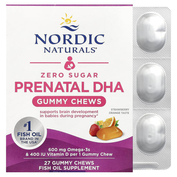Nordic Naturals, Zero Sugar Prenatal DHA Gummies, Strawberry Orange, 27 Gummy Chews