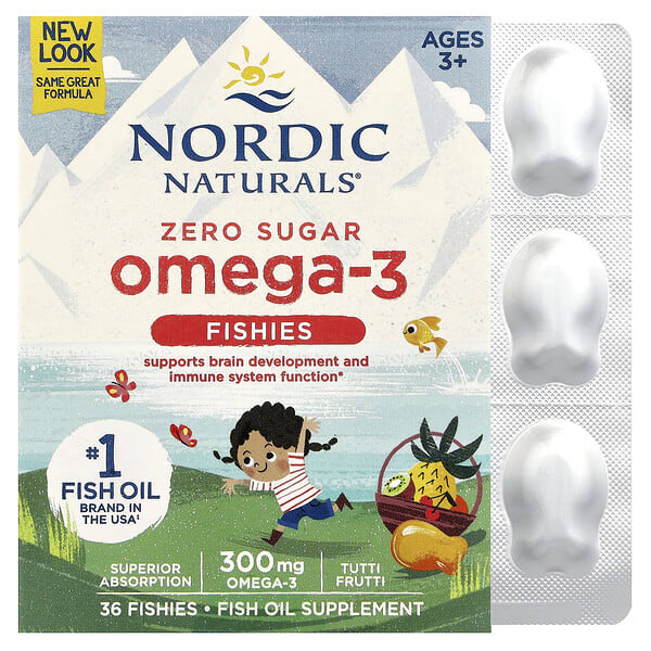 Nordic Naturals, Omega-3 Fishies, Zero Sugar, Ages 3+, Tutti Frutti, 300 мг, 36 Fishies