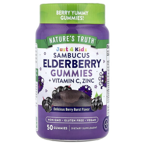 Nature's Truth, Just 4 Хүүхдийнz, Sambucus Бузны жимс чихэр + Витамин C, Цайр, Delicious жимс Burst, 50 чихэр