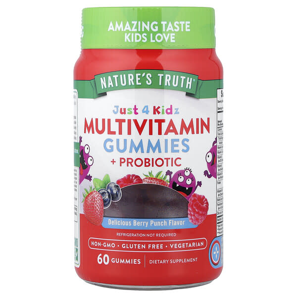 Nature's Truth, Just 4 Хүүхдийнz, Мультивитамин + Пробиотик чихэр, жимс Punch, 60 чихэр