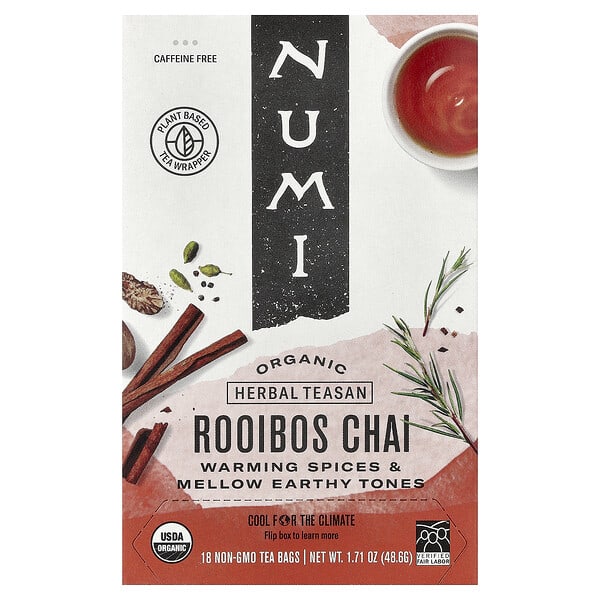 Numi Tea, Organic Herbal Teasan, Rooibos Chai, Caffeine Free, 18 Non-GMO Tea Bags, 1.71 oz (48.6 g)
